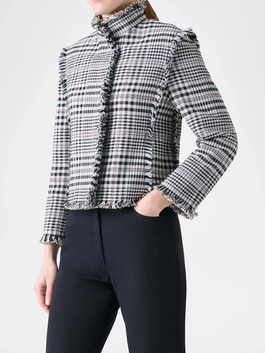 Akris Punto Check Fringe Hem Cropped Jacket in Cream/Black