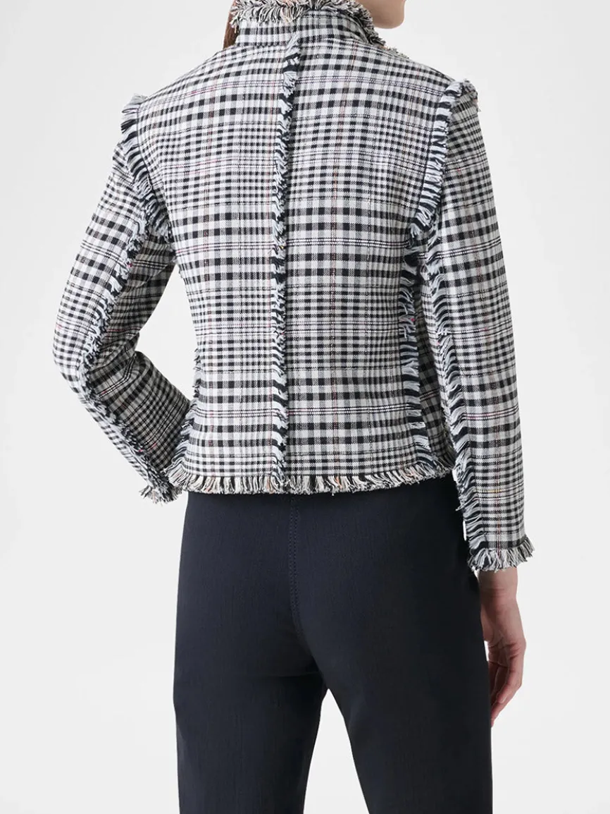Akris Punto Check Fringe Hem Cropped Jacket in Cream/Black