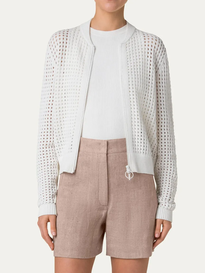Akris Punto Chunky Mesh Bomber Cardigan in Cream