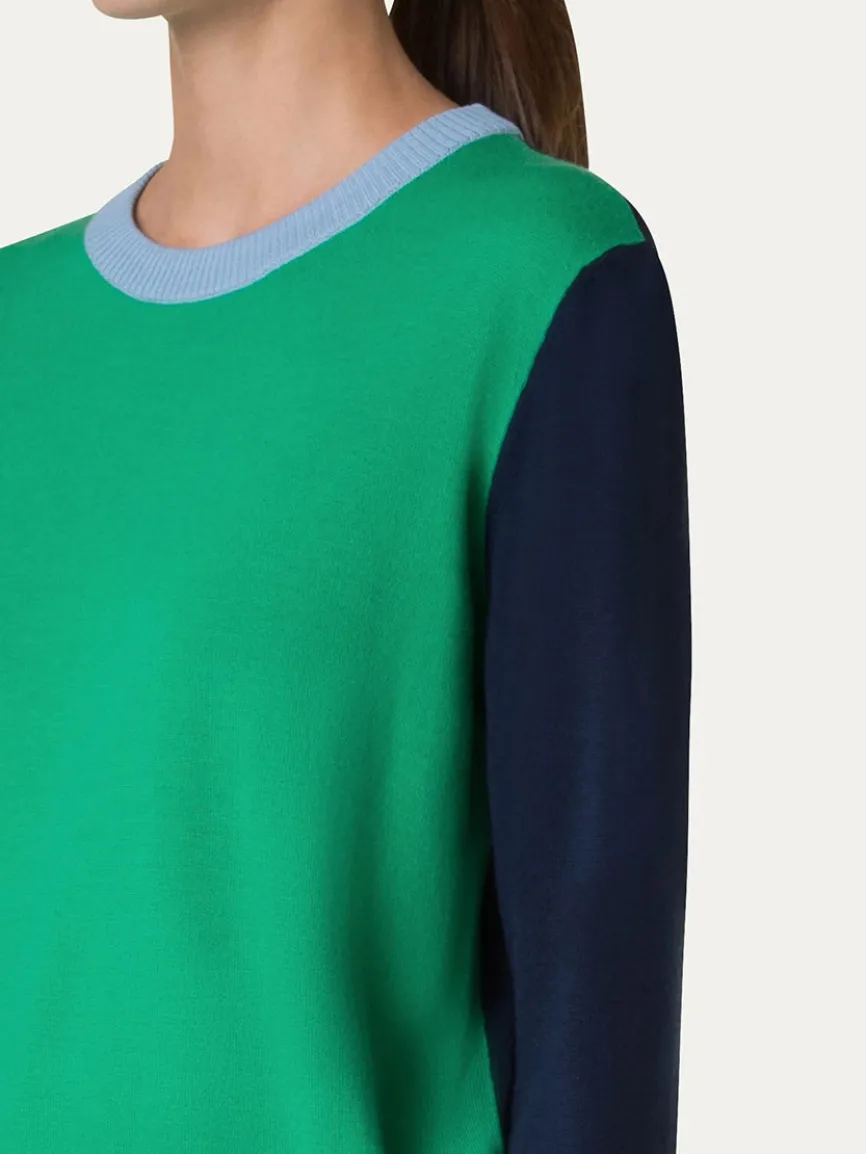 Akris Punto Colorblock Merino Sweater in Sea Green/Navy/Sky