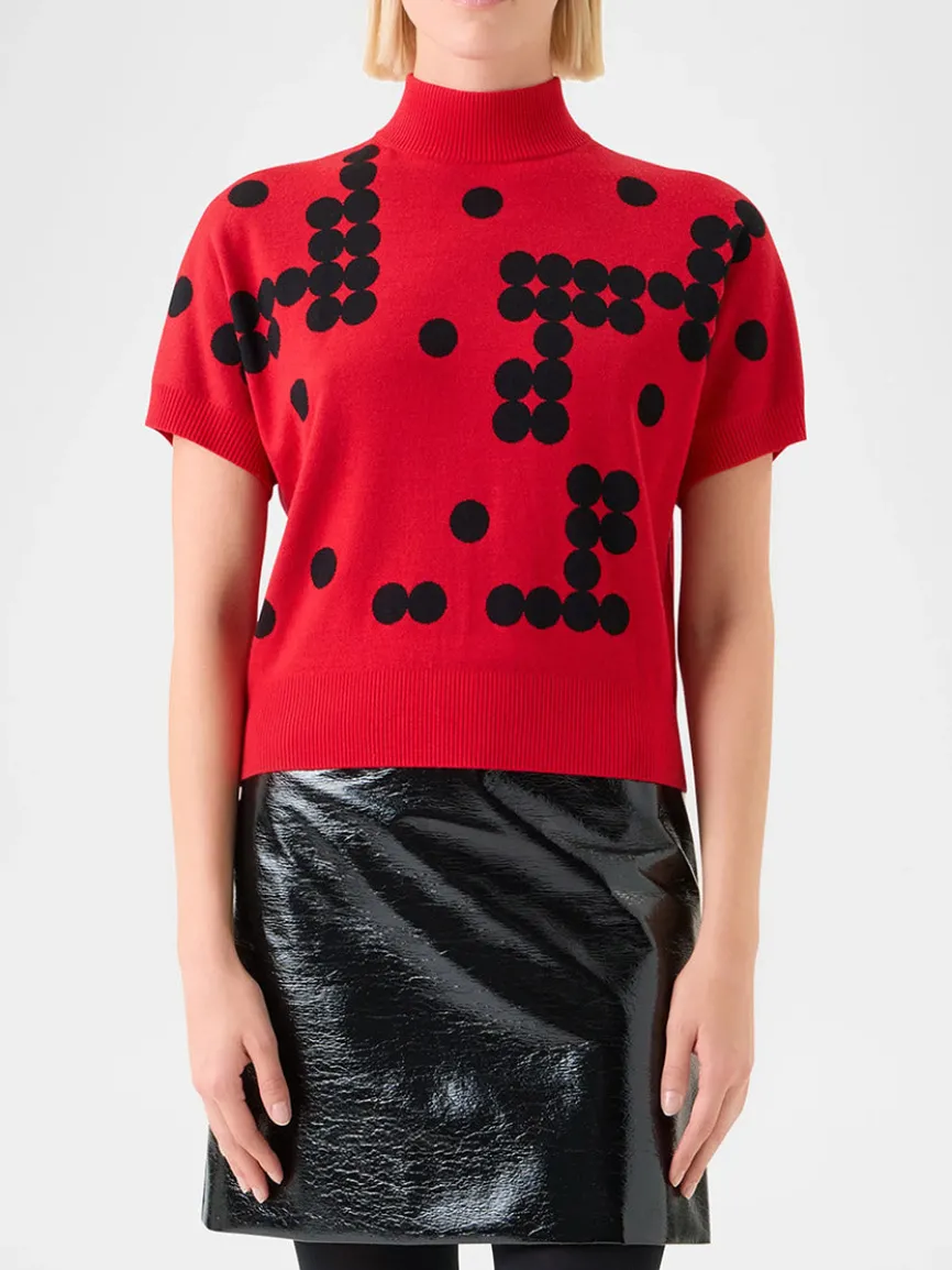 Akris Punto Dot Grid Jacquard Knit Sweater in Vermillion/Black