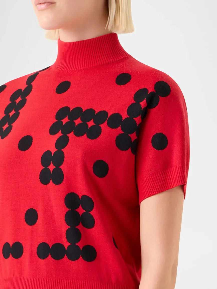 Akris Punto Dot Grid Jacquard Knit Sweater in Vermillion/Black