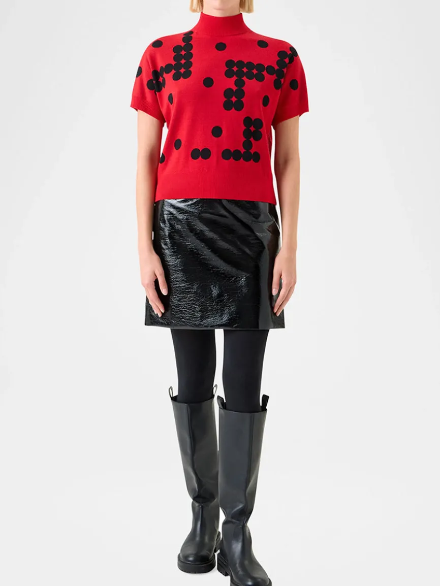 Akris Punto Dot Grid Jacquard Knit Sweater in Vermillion/Black