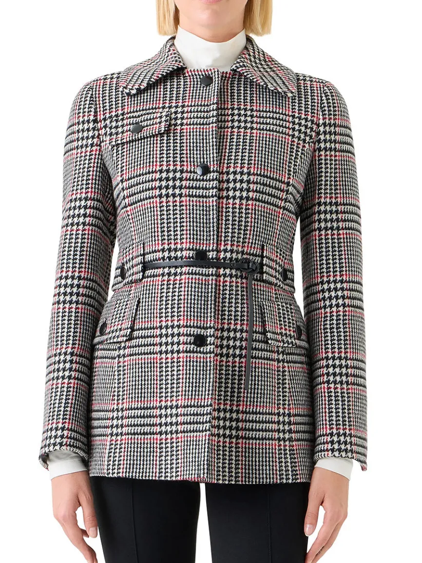 Akris Punto Glencheck Wool-Blend Jacket in Black/Cream/Vermillion