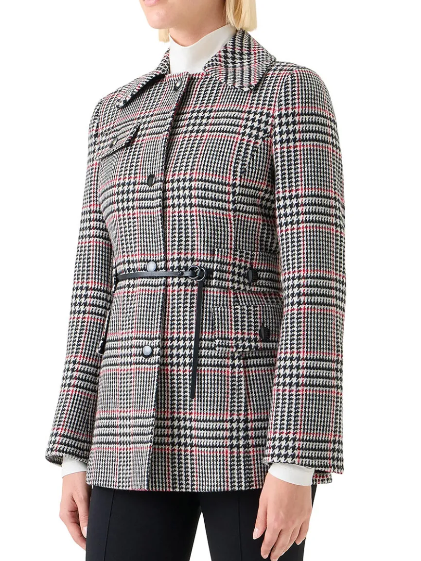 Akris Punto Glencheck Wool-Blend Jacket in Black/Cream/Vermillion