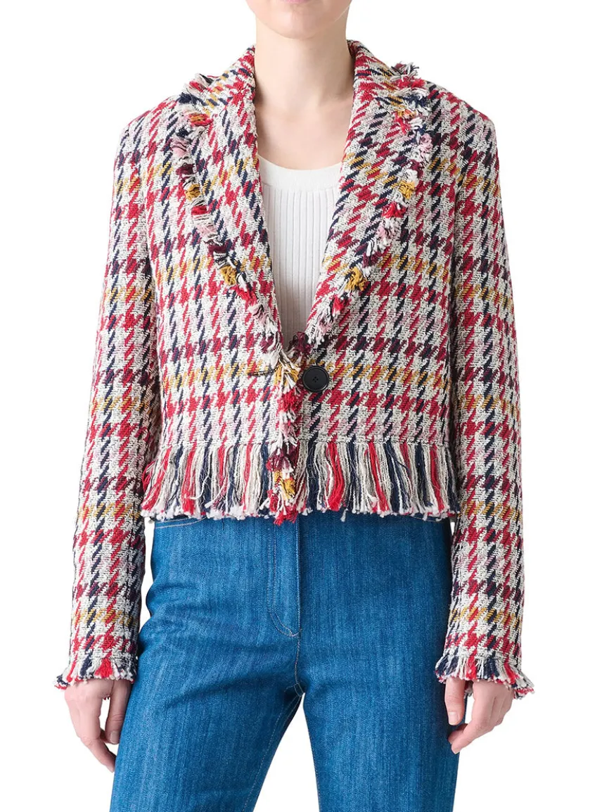 Akris Punto Houndstooth Tweed Fringe Trim Blazer in Cream Multi
