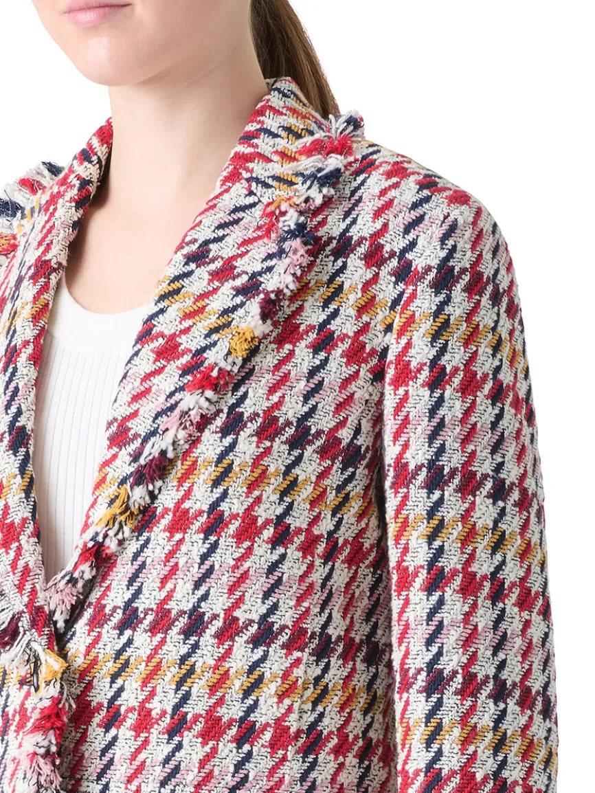 Akris Punto Houndstooth Tweed Fringe Trim Blazer in Cream Multi