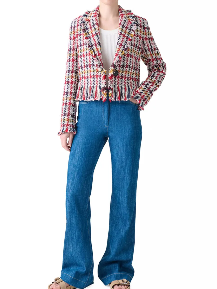 Akris Punto Houndstooth Tweed Fringe Trim Blazer in Cream Multi