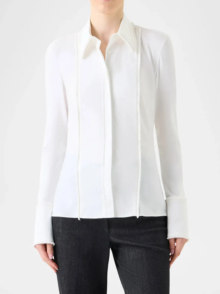 Akris Punto Mixed Media Fringed Button-Down Blouse in Cream