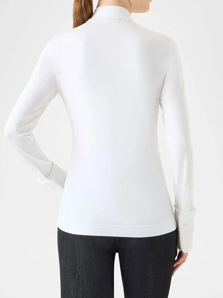 Akris Punto Mixed Media Fringed Button-Down Blouse in Cream