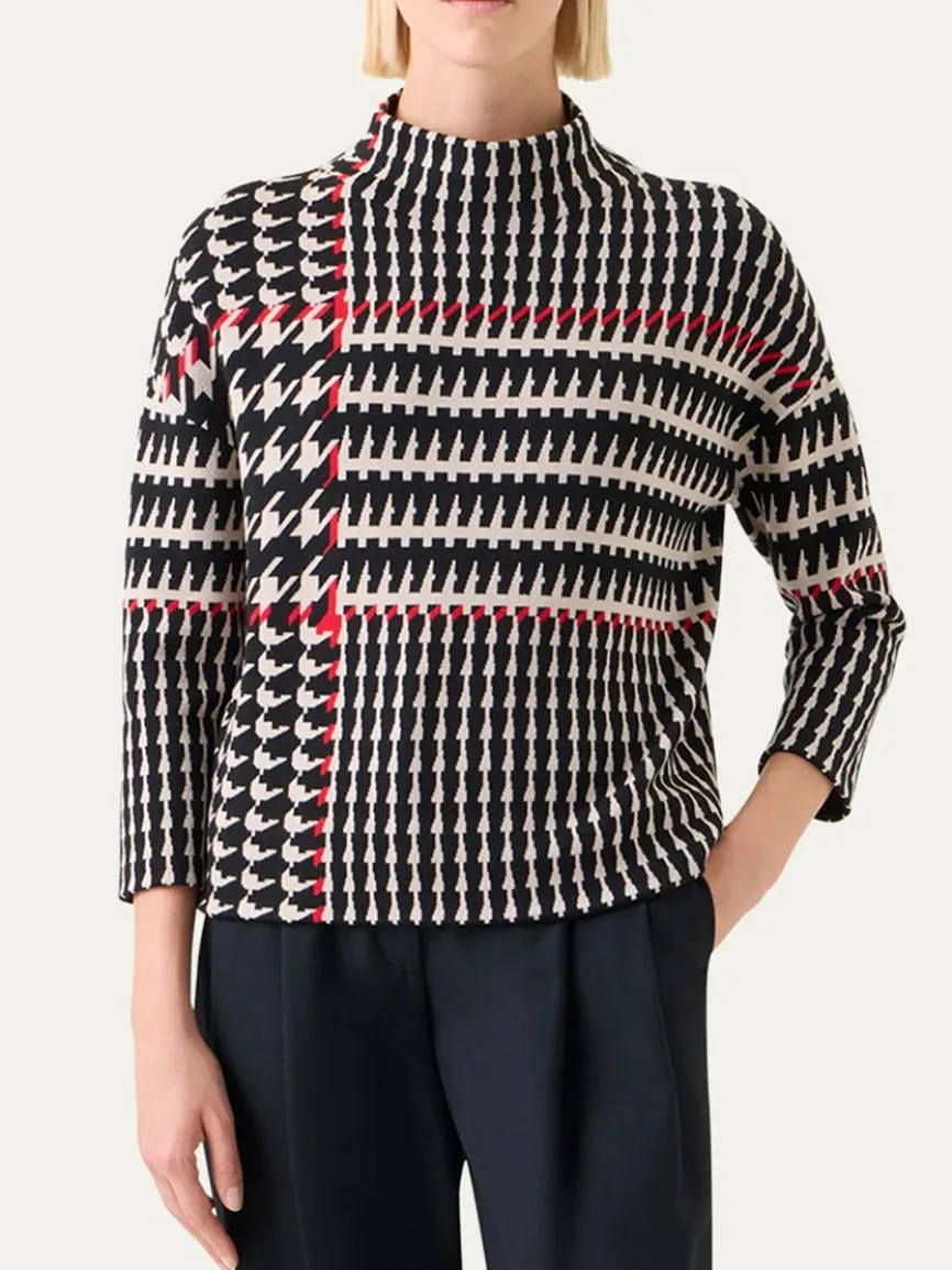 Akris Punto Mock Neck Plaid Sweater in Black/Cream/Vermillion