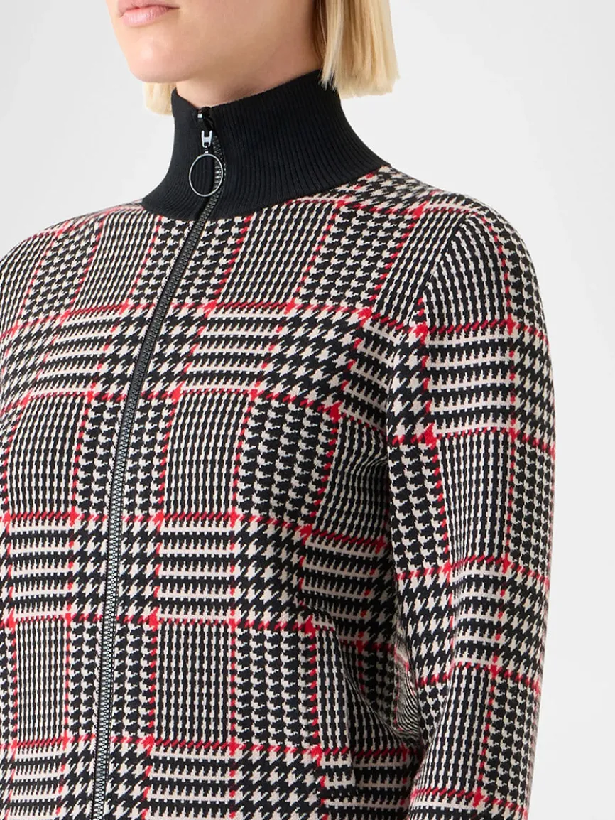 Akris Punto Mock Neck Plaid Cardigan in Black/Cream/Vermillion