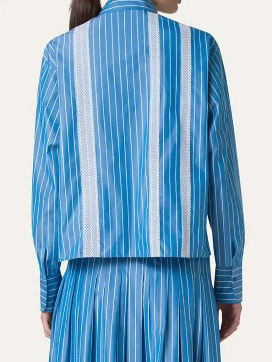 Akris Punto Pajama Stripe Boxy Collared Shirt in Medium Blue/Cream