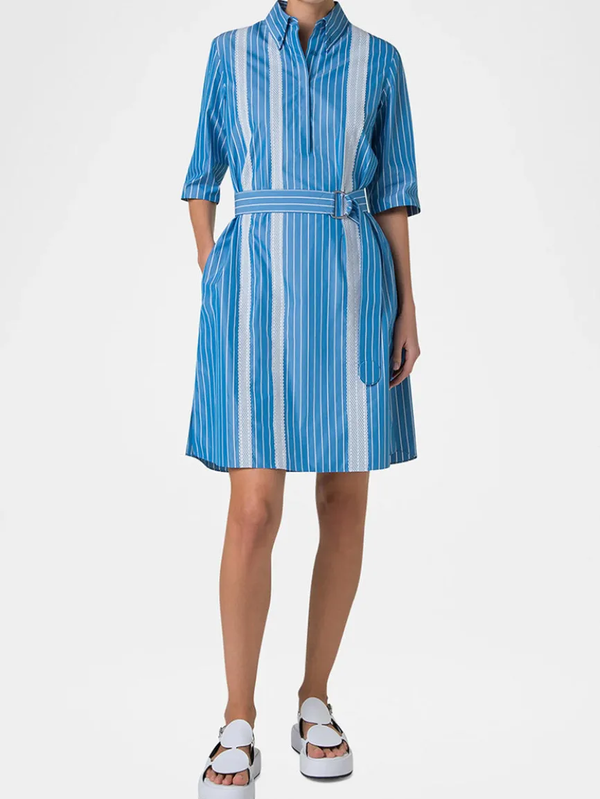 Akris Punto Pajama Stripe Collared Dress in Medium Blue/Cream