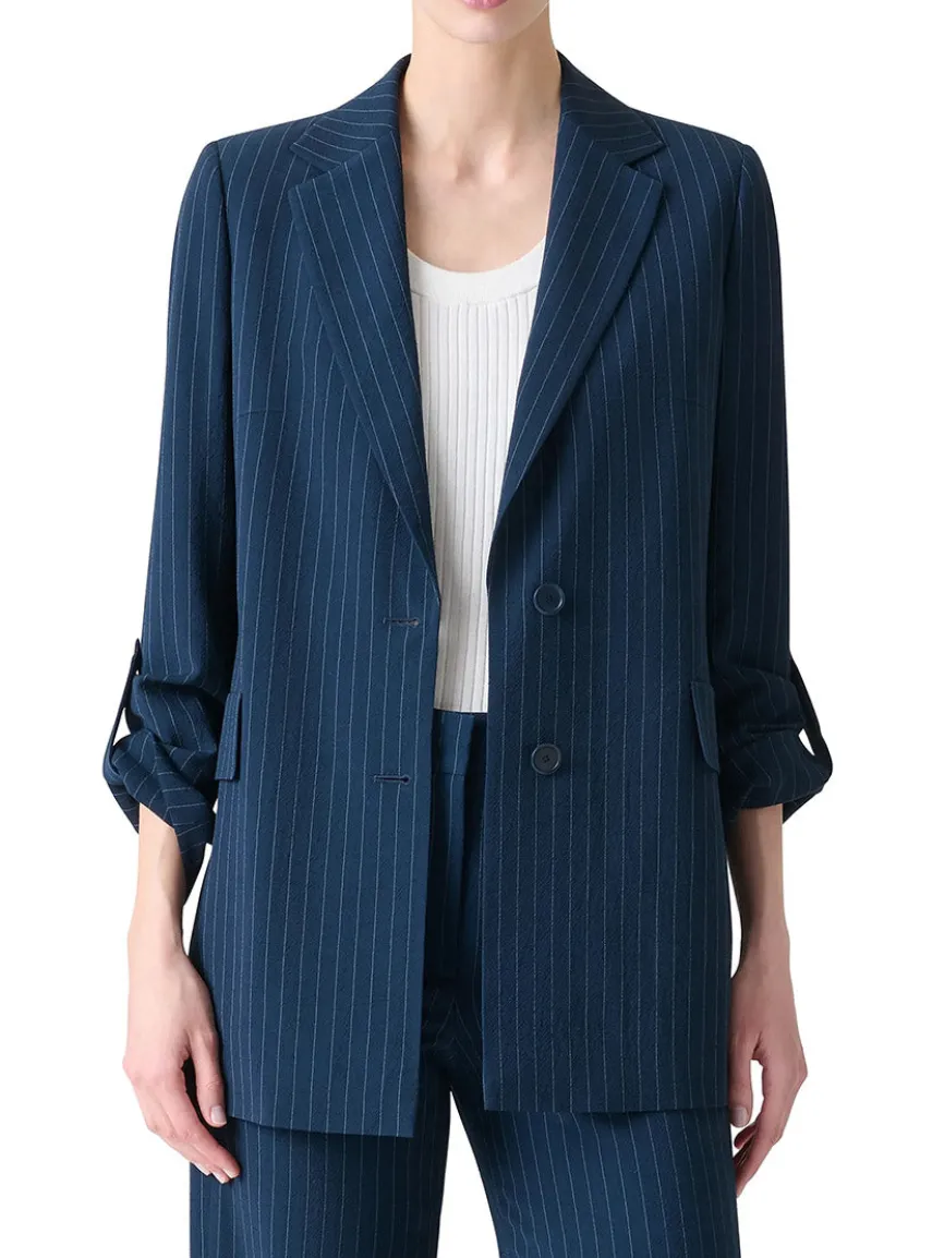 Akris Punto Pinstripe Virgin Wool Jacket in Navy/Cream