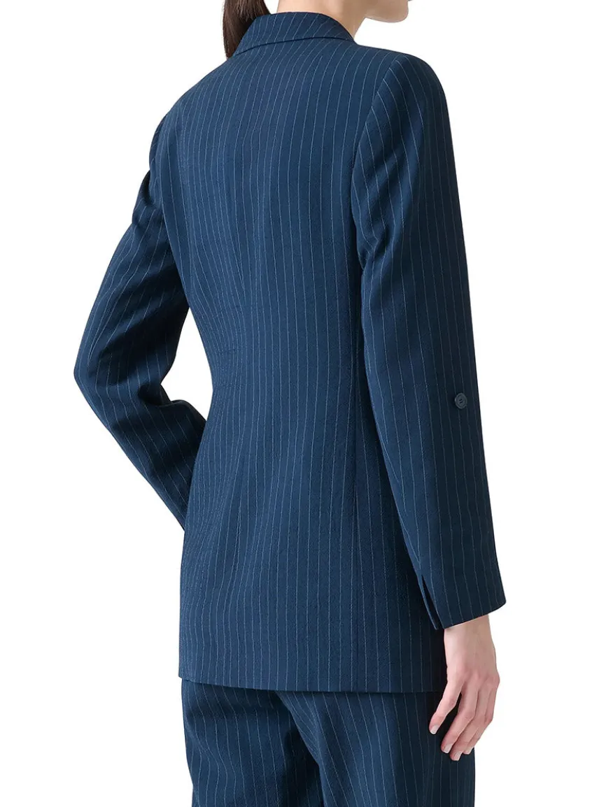 Akris Punto Pinstripe Virgin Wool Jacket in Navy/Cream