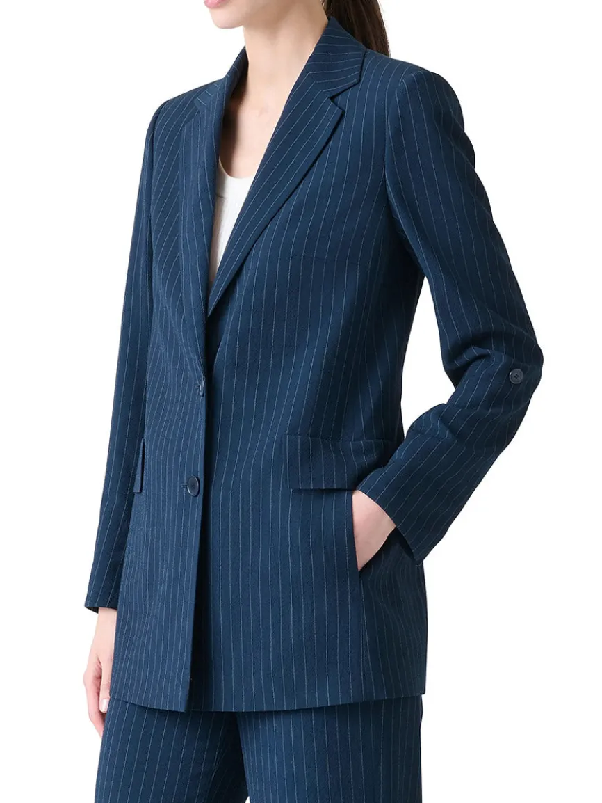 Akris Punto Pinstripe Virgin Wool Jacket in Navy/Cream