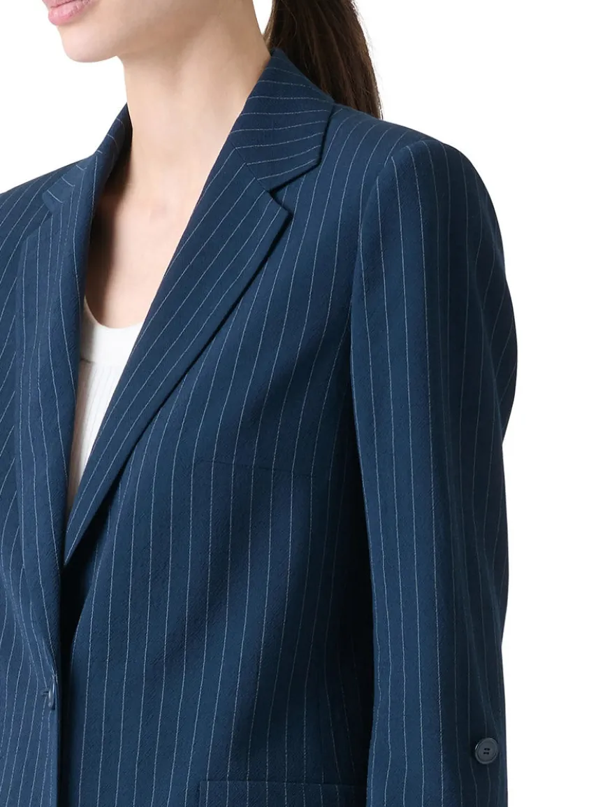 Akris Punto Pinstripe Virgin Wool Jacket in Navy/Cream