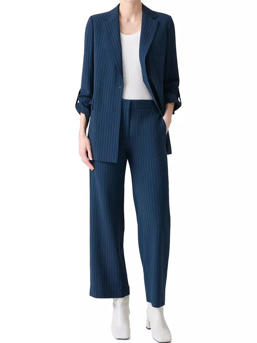 Akris Punto Pinstripe Virgin Wool Jacket in Navy/Cream