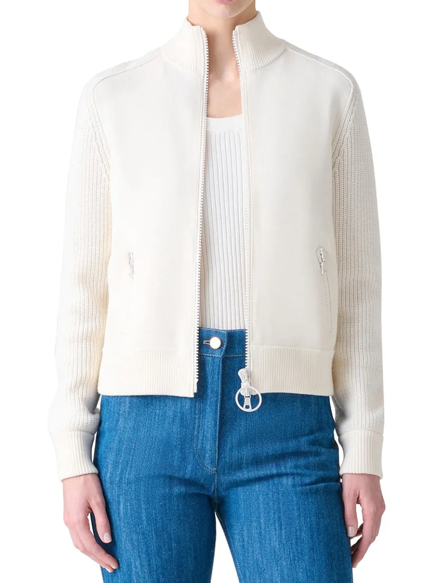 Akris Punto Rib-Knit Wool Zip Cardigan in Cream