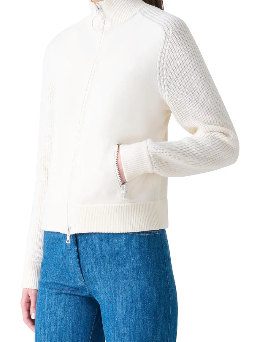Akris Punto Rib-Knit Wool Zip Cardigan in Cream