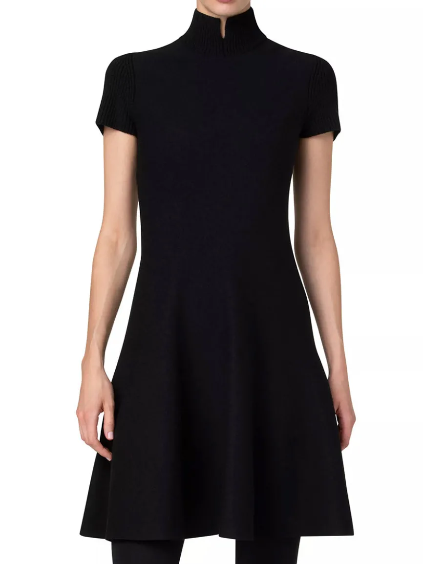 Akris Punto Short Fit-and-Flare Mockneck Wool Dress in Black