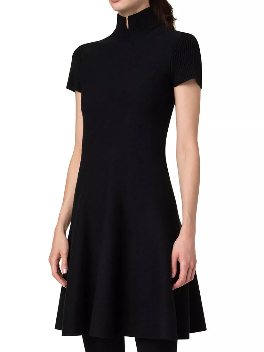 Akris Punto Short Fit-and-Flare Mockneck Wool Dress in Black