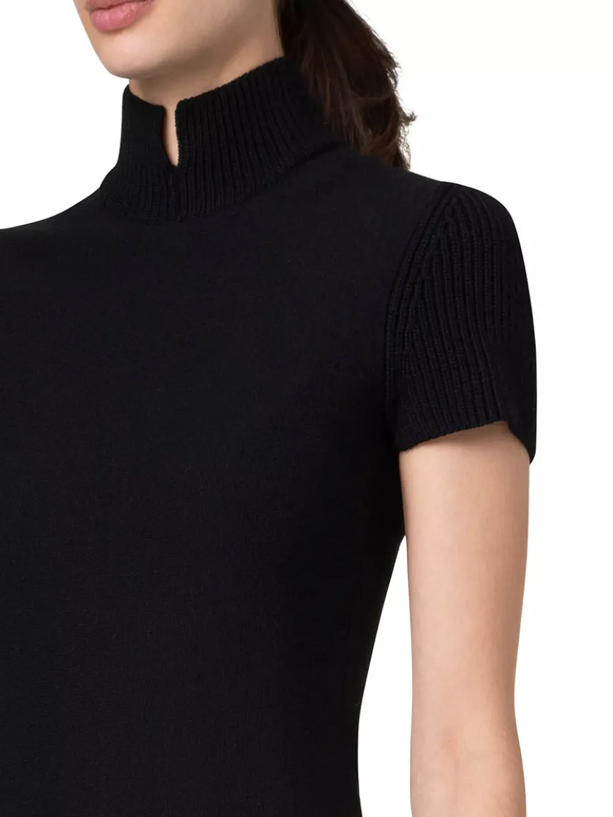 Akris Punto Short Fit-and-Flare Mockneck Wool Dress in Black