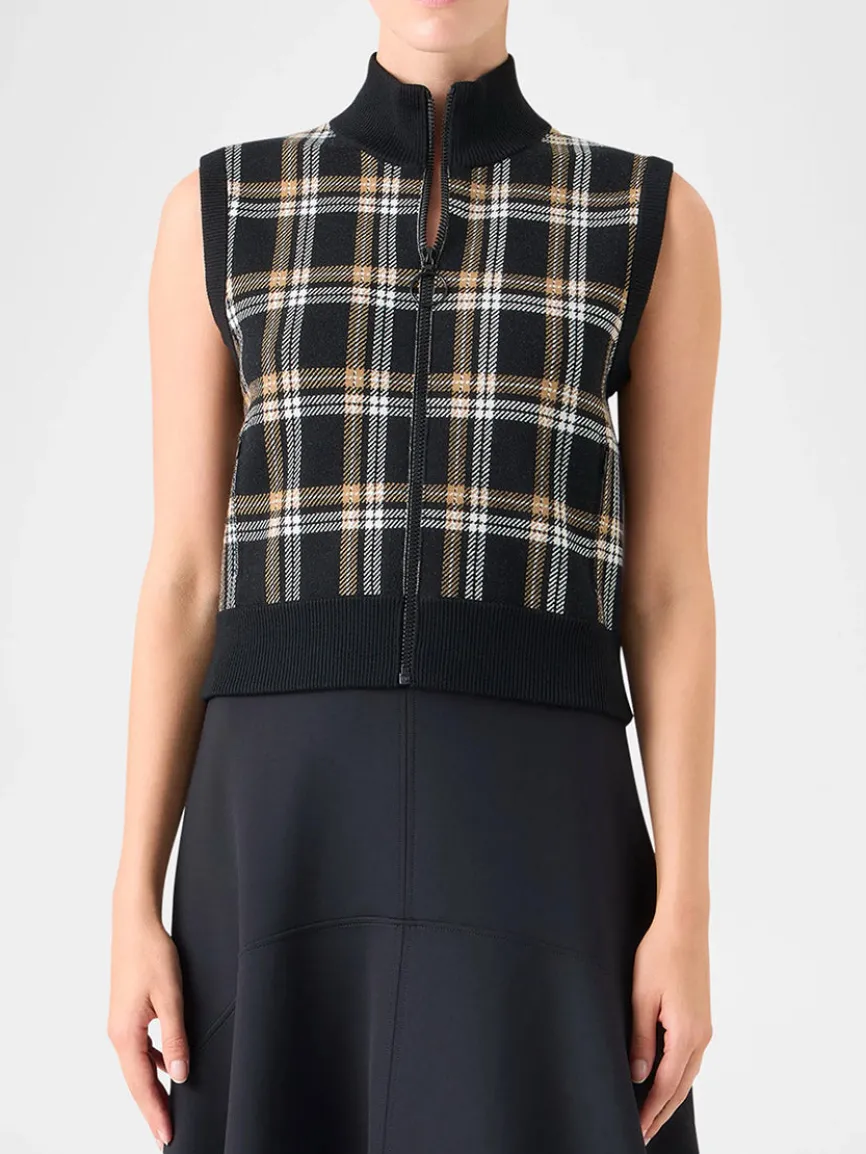 Akris Punto Sleeveless Plaid Jacquard Zip Sweater in Black/Cream/Camel