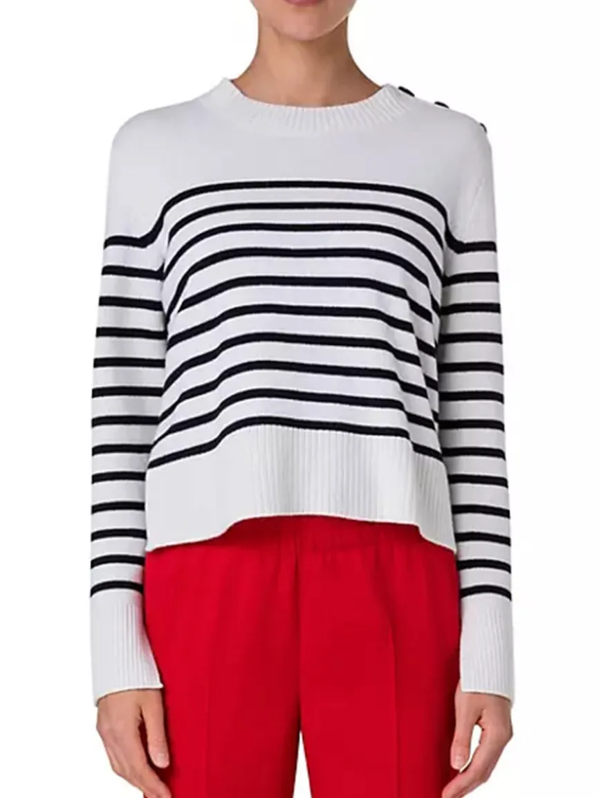 Akris Punto Striped Crew Sweater With Snap Shoulder in Cream/Black