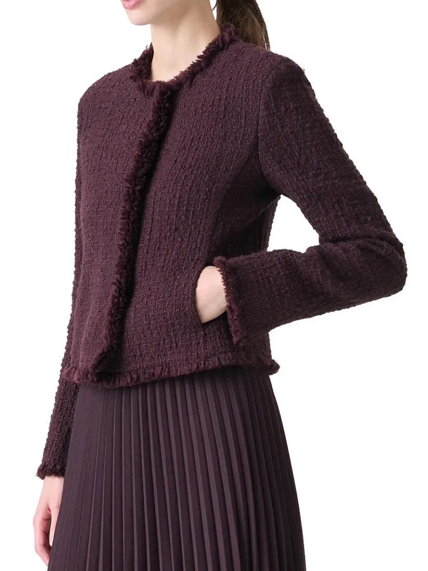 Akris Punto Tweed Round Neck Jacket With Fringe in Blackberry