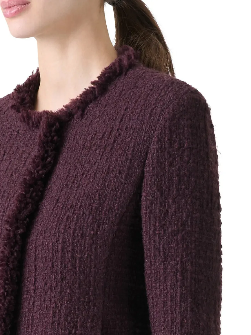 Akris Punto Tweed Round Neck Jacket With Fringe in Blackberry