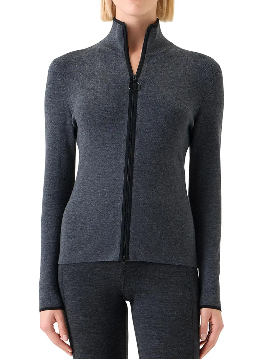Akris Punto Virgin Wool Knit Zip Cardigan in Charcoal/Black