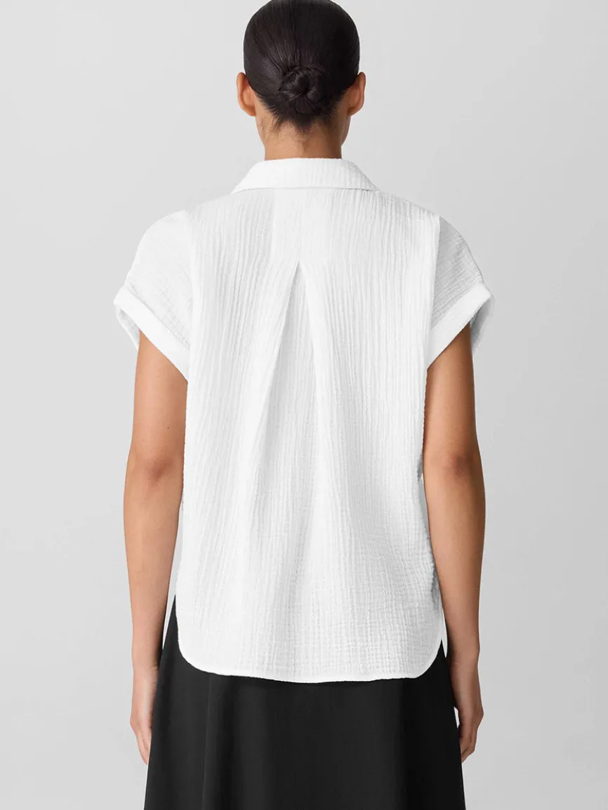 Eileen Fisher Organic Cotton Lofty Gauze Notch Collar Top in White