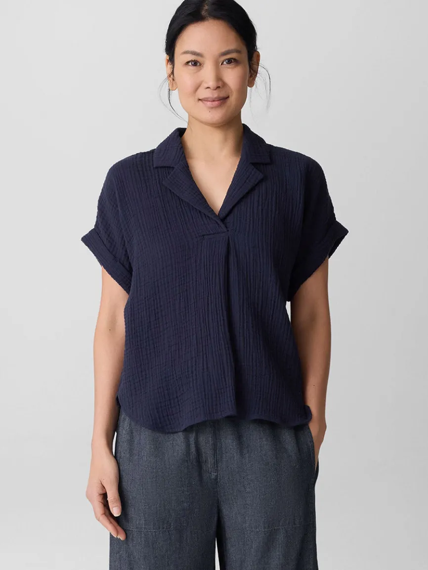 Eileen Fisher Organic Cotton Lofty Gauze Notch Collar Top in Ink