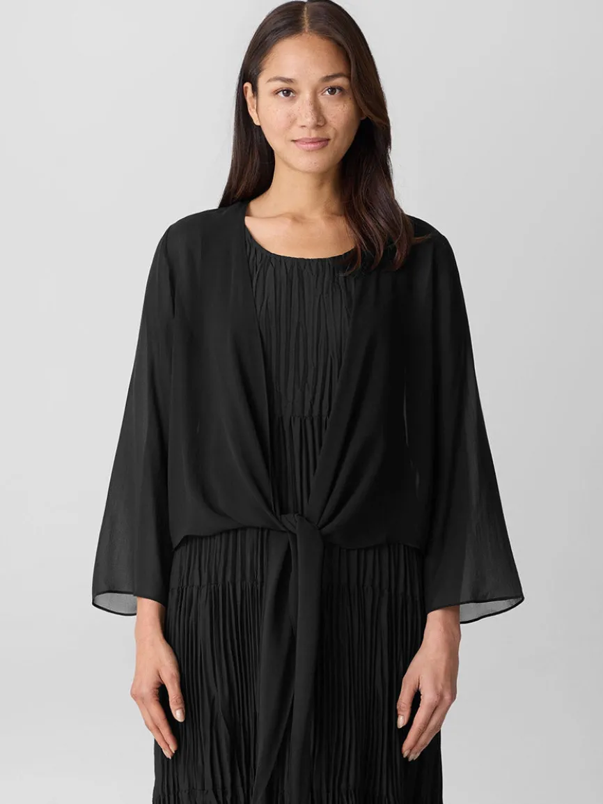 Eileen Fisher Sheer Silk Georgette Tie Jacket in Black