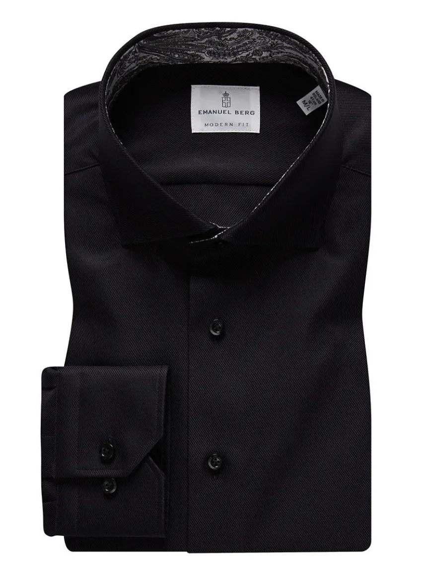Emanuel Berg Black Textured Twill Casual Dress Shirt