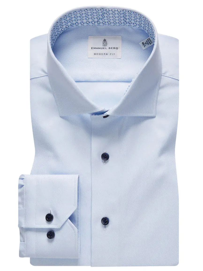 Emanuel Berg Modern Fit Dress Shirt in Powder Blue Textured Twill with Navy Buttons