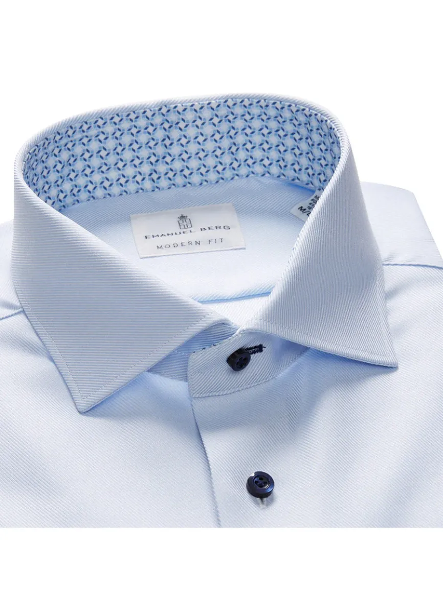 Emanuel Berg Modern Fit Dress Shirt in Powder Blue Textured Twill with Navy Buttons