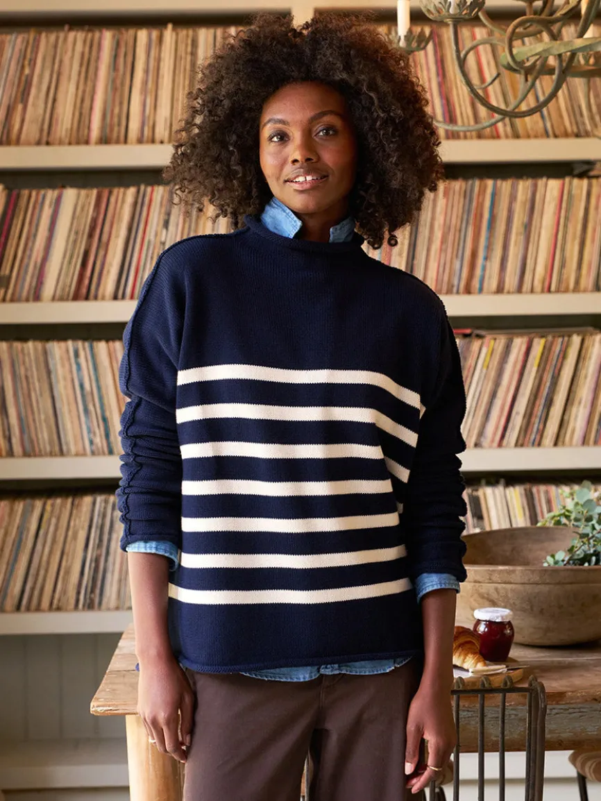 Frank & Eileen Monterey Rolled Funnel Neck Sweater in Navy & Cream Stripe
