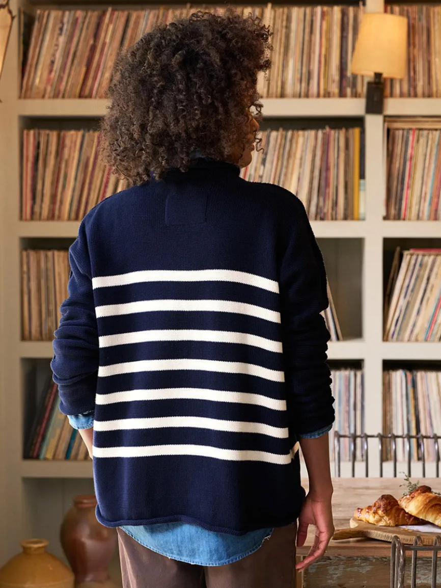 Frank & Eileen Monterey Rolled Funnel Neck Sweater in Navy & Cream Stripe