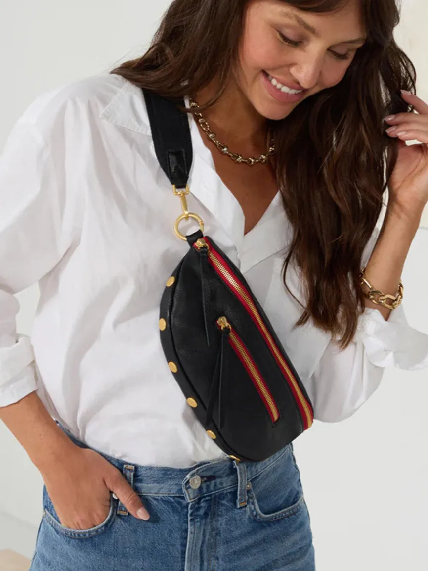 Hammitt Los Angeles Charles Crossbody Medium in Black/Brushed Gold/Red Zip