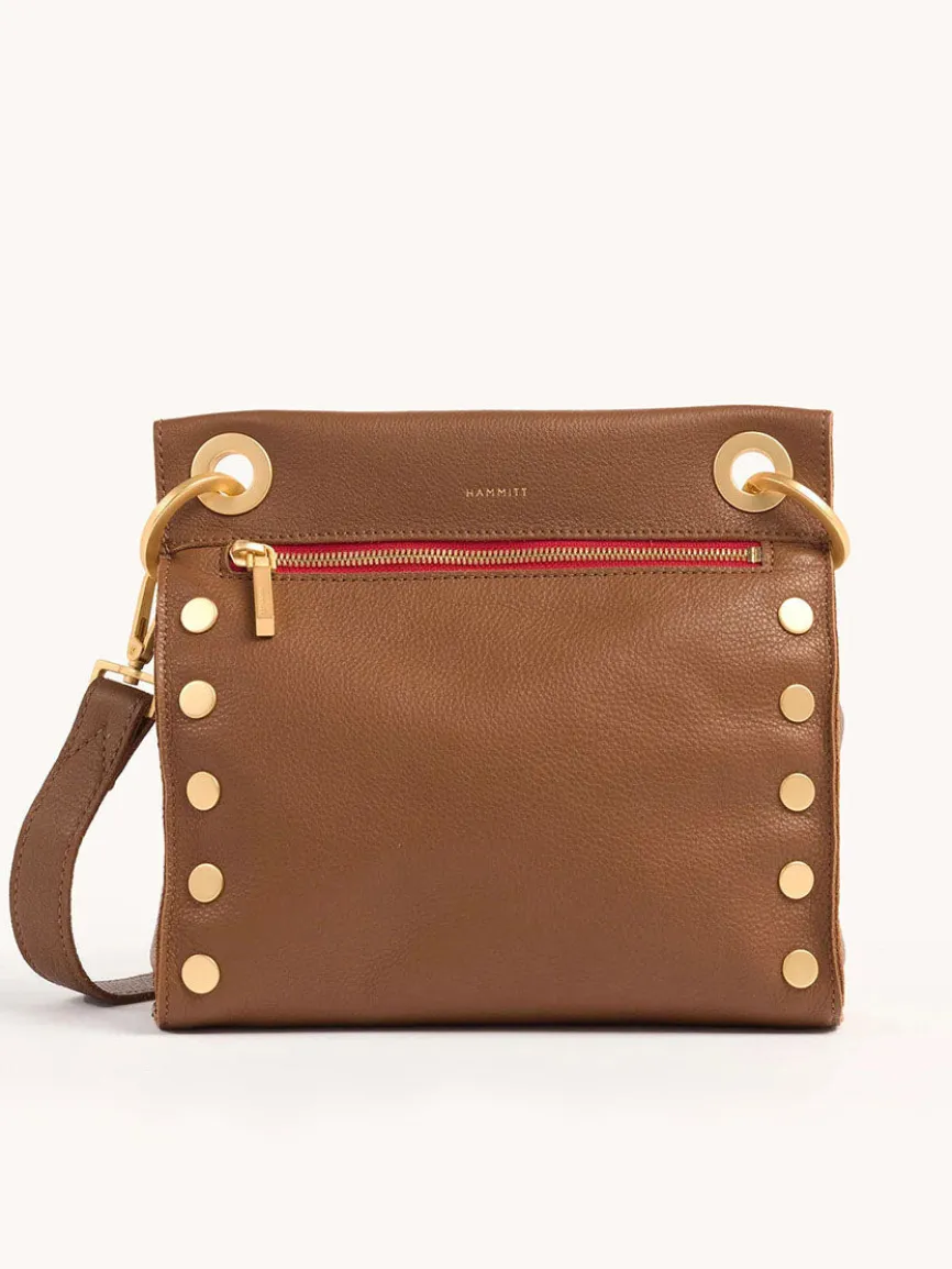 Hammitt Los Angeles Tony Medium Crossbody Bag in Mahogany Pebble/Brushed Gold w/Red Zip