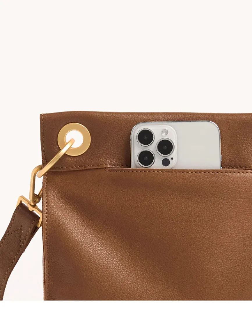 Hammitt Los Angeles Tony Medium Crossbody Bag in Mahogany Pebble/Brushed Gold w/Red Zip