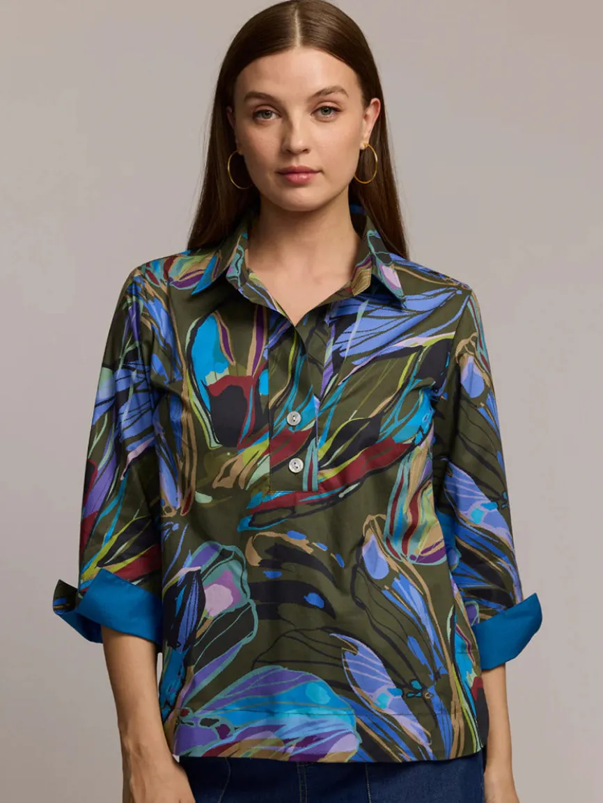 Hinson Wu Aileen 3/4 Sleeve Abstract Camo Shirt With Sapphire