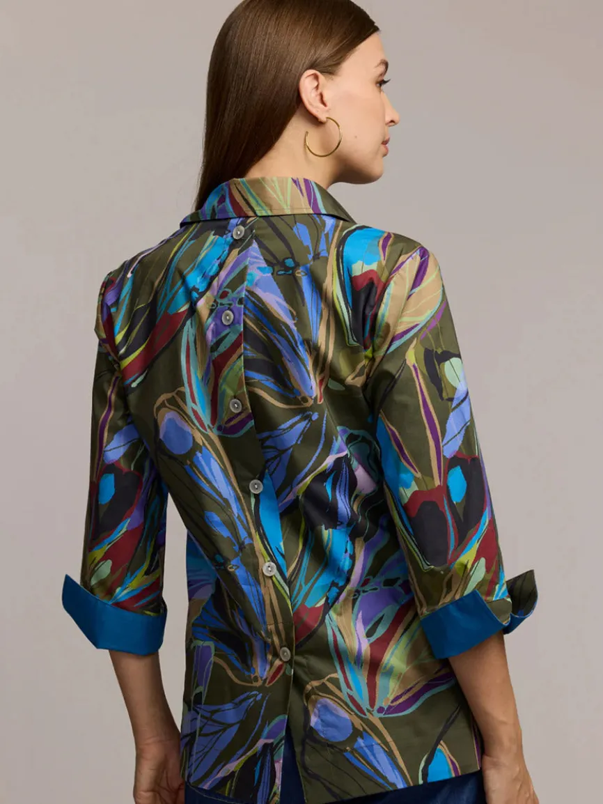 Hinson Wu Aileen 3/4 Sleeve Abstract Camo Shirt With Sapphire