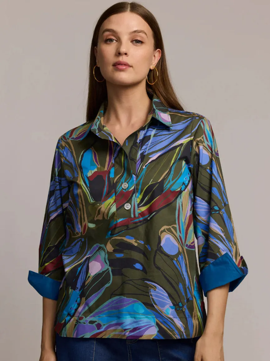Hinson Wu Aileen 3/4 Sleeve Abstract Camo Shirt With Sapphire