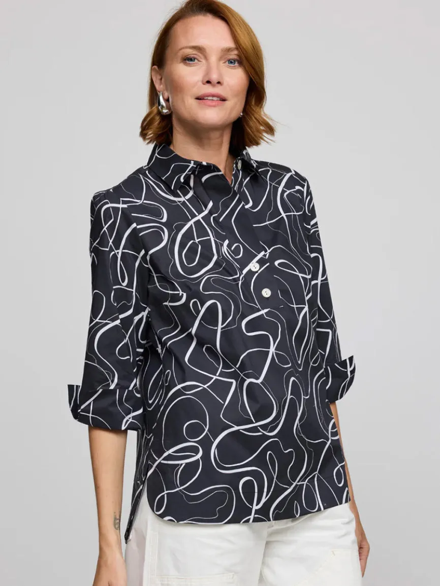Hinson Wu Charlotte 3/4 Sleeve Ribbon Shirt in Black/White