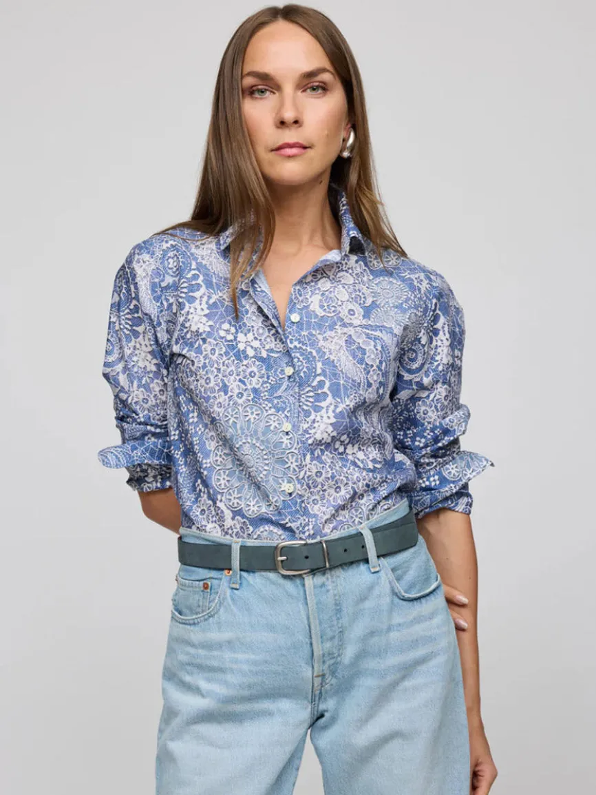 Hinson Wu Margot Long Sleeve Lace Print in Blue/Ecru