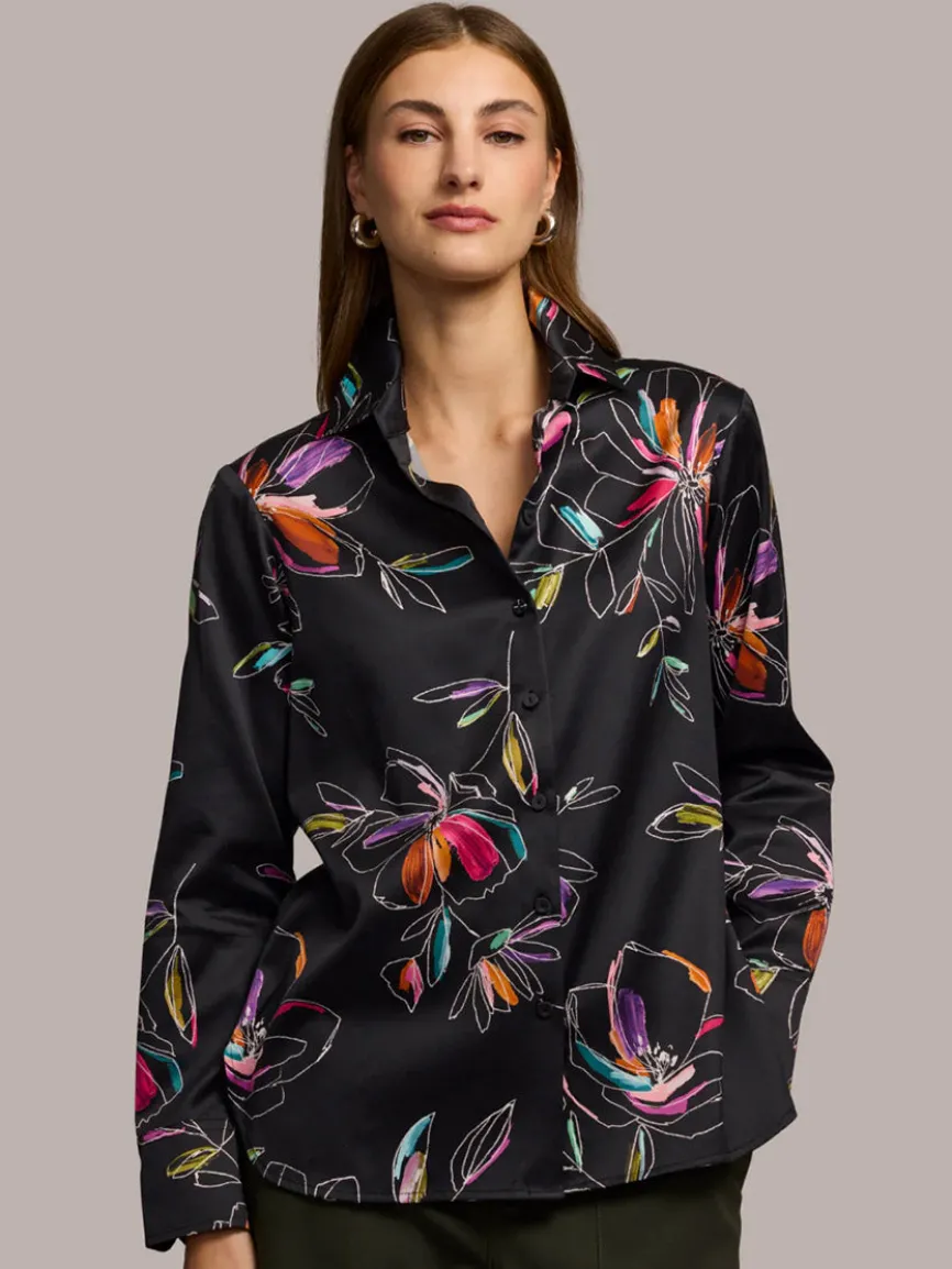 Hinson Wu Margot Long Sleeve Floral Stencil Shirt in Black